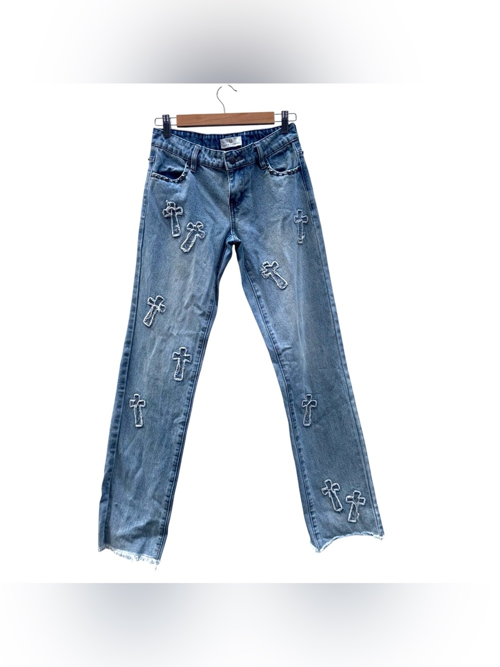 AUSTIN LANDING Studded Embroidered Cross Straight Leg Jeans Blue VIRAL Size 0 - Picture 3 of 16
